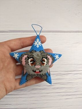 Beaded Star Bunny Ornament in Blue and Gray